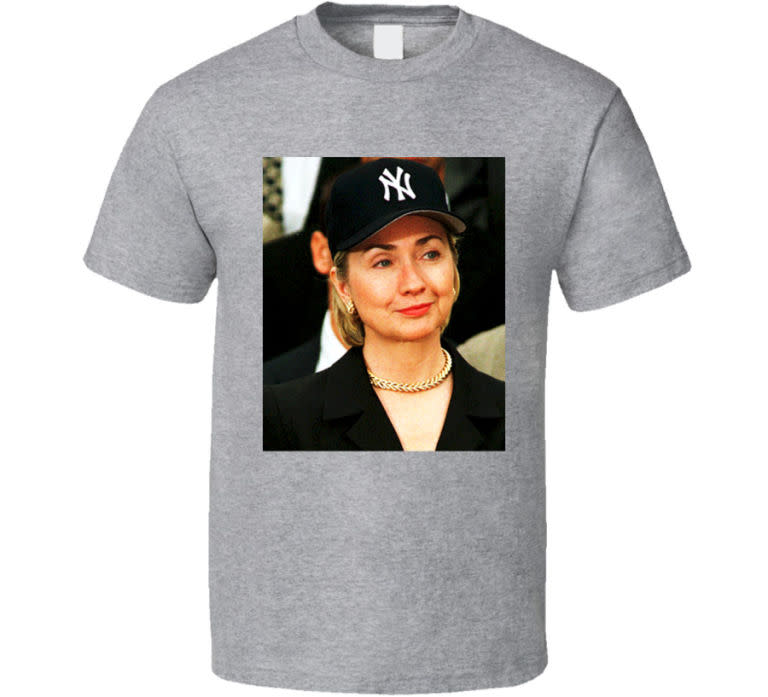 <p><strong>Cocoa Tee </strong>Hillary Yankees hat t-shirt, $20, <a rel="nofollow noopener" href="http://www.cocoatee.com/view/1853/hillary-clinton-new-york-yankees-cap-t-shirt" target="_blank" data-ylk="slk:cocoatee.com;elm:context_link;itc:0;sec:content-canvas" class="link ">cocoatee.com</a>.</p>