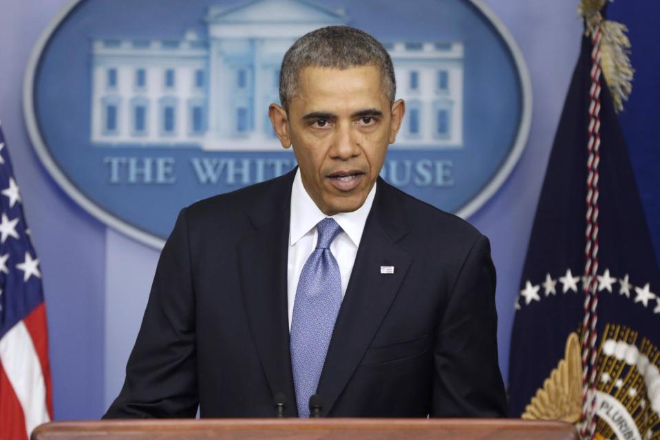 President Barack Obama speaks about Ukraine, Monday, March 17, 2014, in the James Brady Press Briefing Room at the White House in Washington. The president imposed sanctions against Russian officials, including advisers to President Vladimir Putin, for their support of Crimea's vote to secede from Ukraine. (AP Photo/ Pablo Martinez Monsivais)