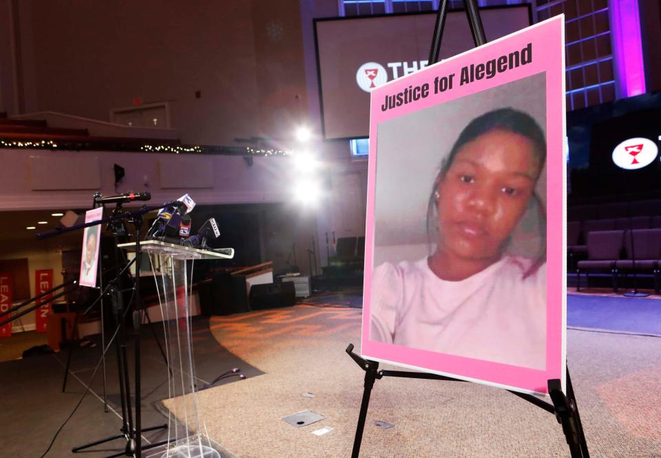 A photo of Alegend Jones asking for justice can be seen on the stage at a press conference about what the family believes happened to 17-year old Alegend Jones while in custody of Youth Villages-Bartlett location on Wednesday, November, 29, 2023 at Mississippi Boulevard Christian Church in Memphis, Tenn.