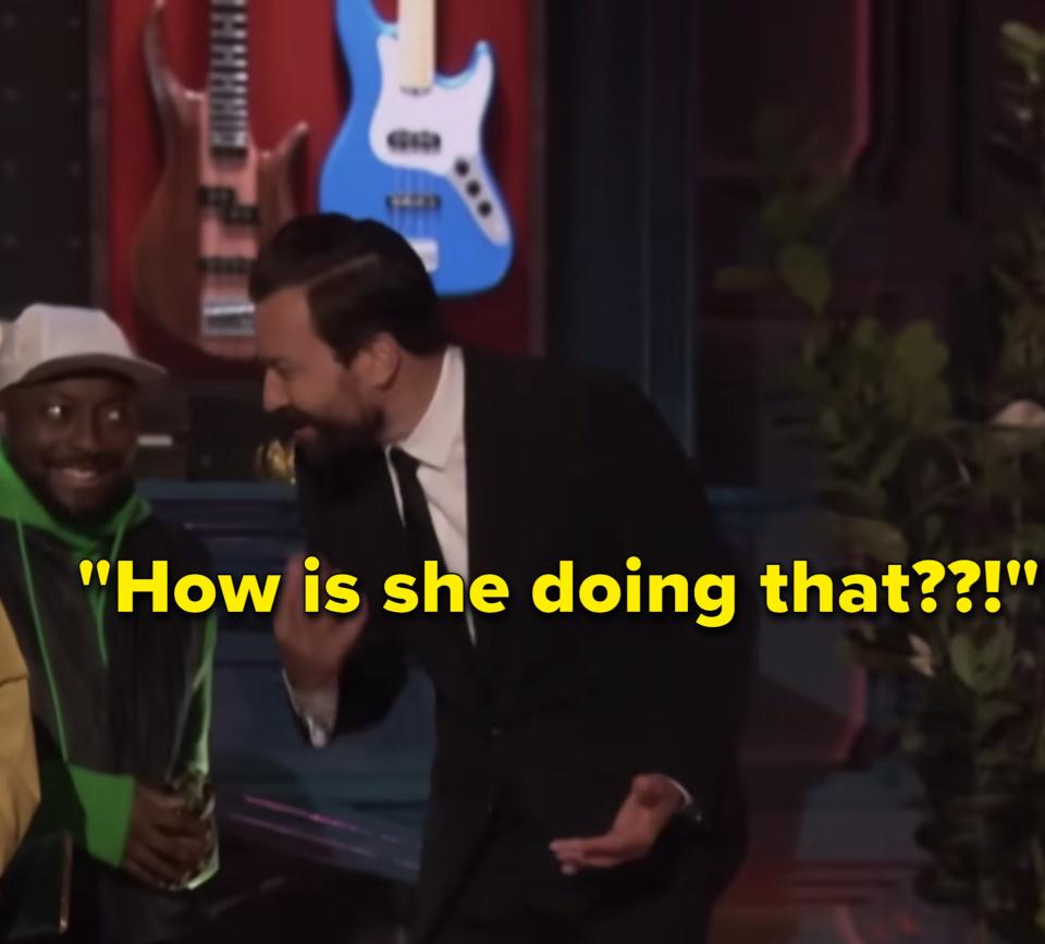 Jimmy turning to Will.i.am and saying "How is she doing that??!"