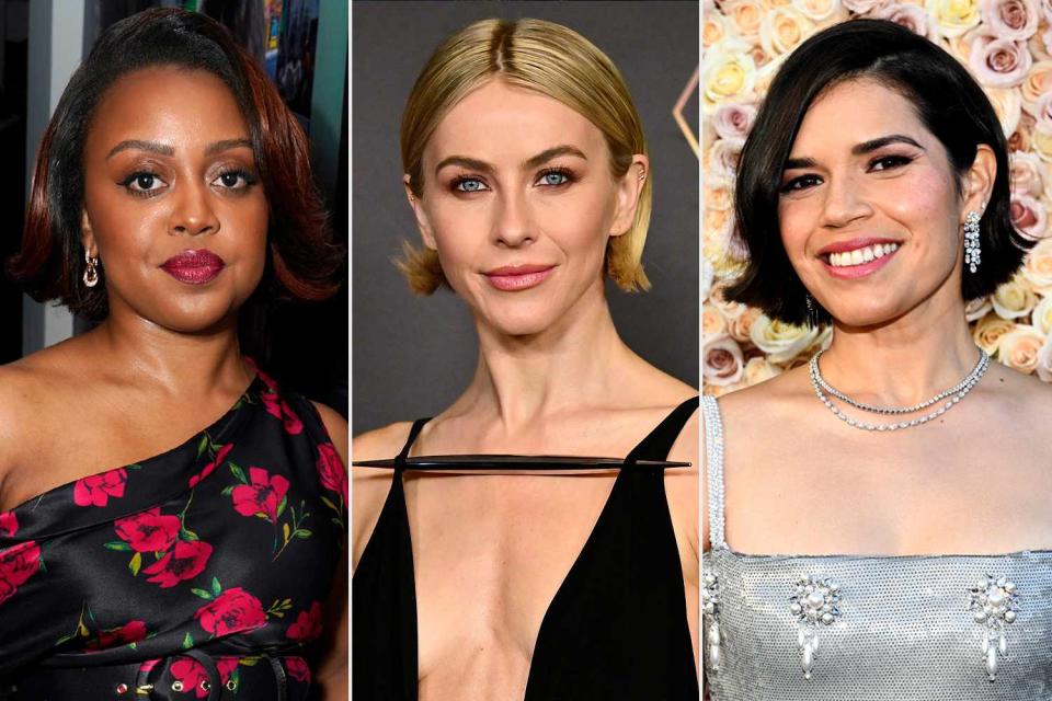 <p>Presley Ann/Getty Images; Rob Latour/Shutterstock; Michael Buckner/Golden Globes 2024/Golden Globes 2024 via Getty Images</p> Quinta Brunson, Julianne Hough and America Ferrera