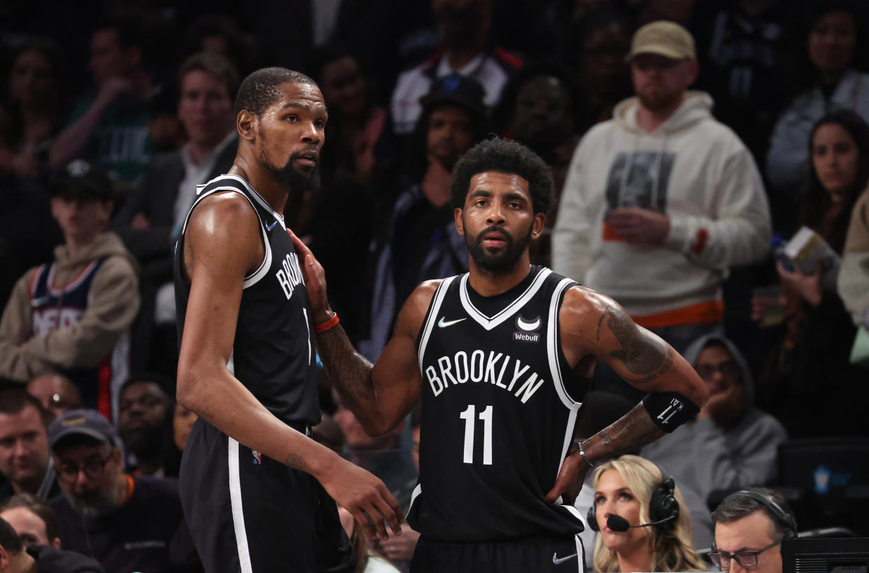 The Brooklyn Nets' Kevin Durant and Kyrie Irving are on the brink of being swept in the first round of the NBA playoffs. (Al Bello/Getty Images).