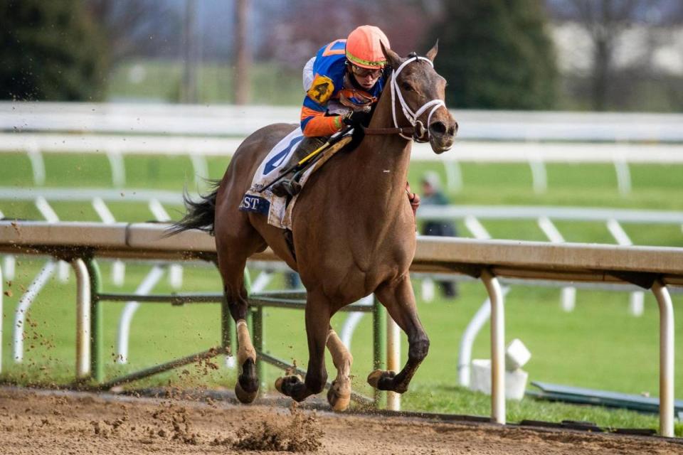 Nest, with Irad Ortiz Jr. up, crosses the finish line to win the 85th running of the Central Bank Ashland Stakes during the opening day of the Keeneland Spring Meet last year. The filly went on to finish second in the Kentucky Oaks and the Belmont Stakes and won two additional Grade 1 races before the year was out.