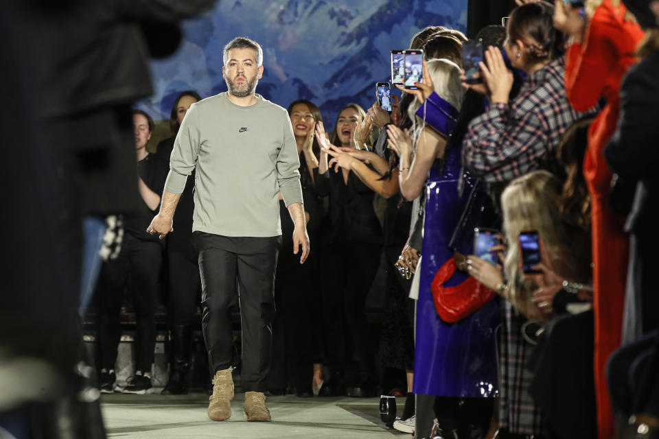 Brandon Maxwell greets the audience after his collection is modeled during Fashion Week, Saturday, Feb. 8, 2020, in New York. (AP Photo/John Minchillo)