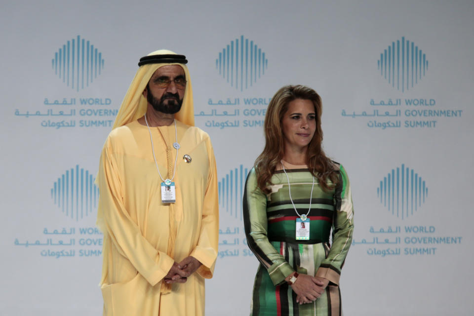 Prime Minister and Vice-President of the United Arab Emirates and ruler of Dubai Sheikh Mohammed bin Rashid al-Maktoum and his wife Princess Haya bint al-Hussein attend the World Government Summit in Dubai, United Arab Emirates February 11, 2018. REUTERS/Christopher Pike