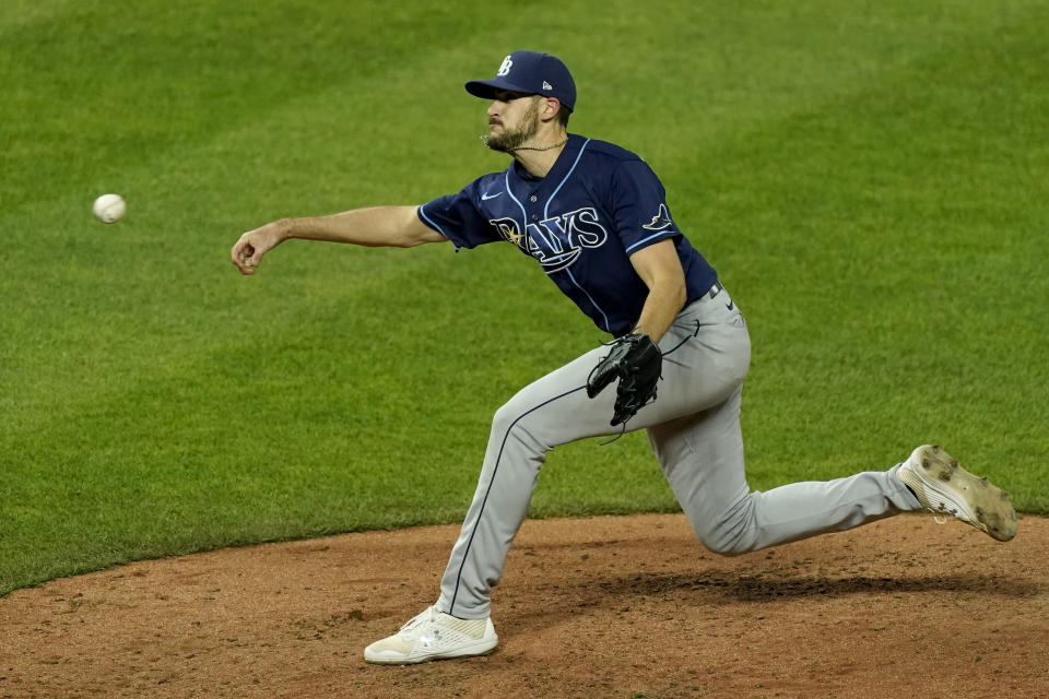 Tampa Bay Rays pitcher Ryan Thompson throws during the sixth inning of a baseball game against the Kansas City Royals, Monday, April 19, 2021, in Kansas City, Mo. (AP Photo/Charlie Riedel)