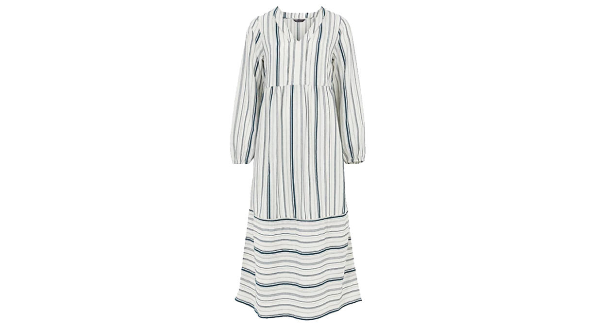 Cotton Striped V-Neck Midaxi Tiered Dress
