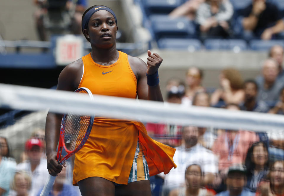 Sloane Stephens reacts Victoria Azarenka, of Belarus, during the third round of the U.S. Open tennis tournament, Friday, Aug. 31, 2018, in New York. (AP Photo/Jason DeCrow)