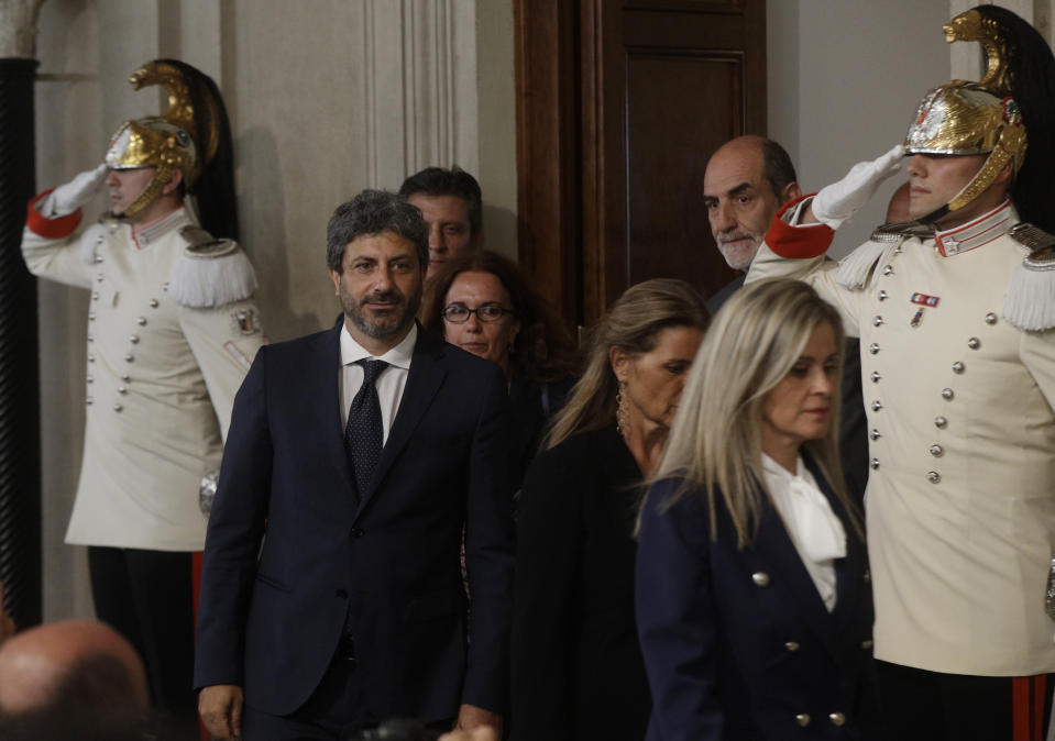 Chairman of the Lower Chamber Roberto Fico leaves after meeting Italian President Sergio Mattarella, in Rome, Wednesday, Aug. 21, 2019. One day after Giuseppe Conte resigned as premier, President Sergio Mattarella started receiving political leaders to explore options for the way forward. (AP Photo/Gregorio Borgia)