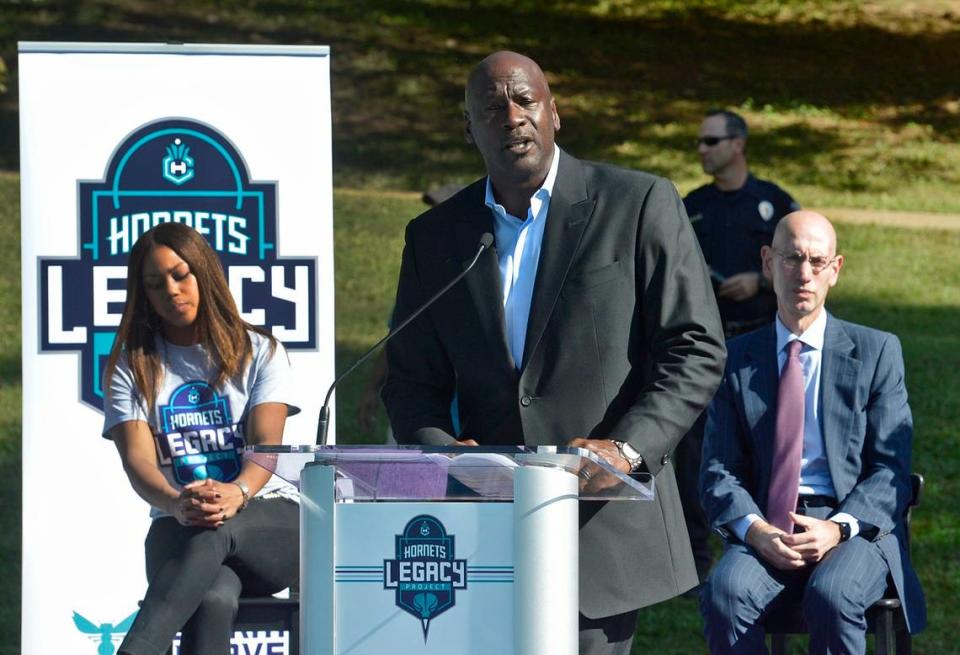 Hornets owner Michael Jordan speaks at the dedication of the basketball courts by the Hornets and NBA at Latta Park in Dilworth, Tuesday morning, October 18, 2016. Davie Hinshaw/dhinshaw@charlotteobserver.com