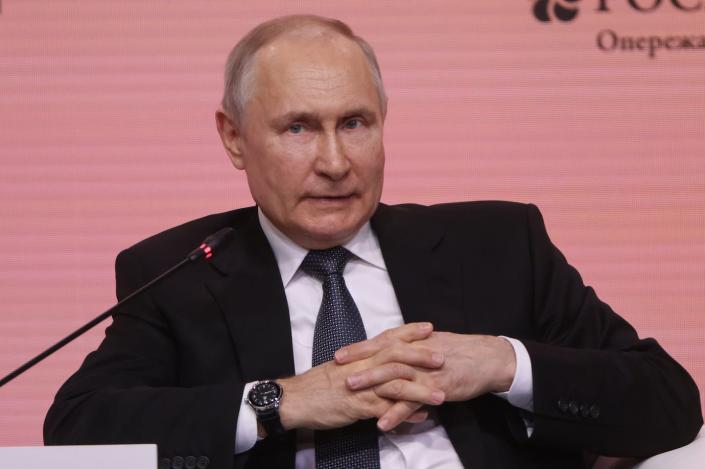 Russian President Vladimir Putin in Moscow on June 29, less than a week after the rebellion by the mercenary Wagner Group. <a href="https://www.gettyimages.com/detail/news-photo/russian-president-vladimir-putin-speaks-during-the-strong-news-photo/1267919329?adppopup=true" rel="nofollow noopener" target="_blank" data-ylk="slk:Contributor/Getty Images;elm:context_link;itc:0" class="link ">Contributor/Getty Images</a>