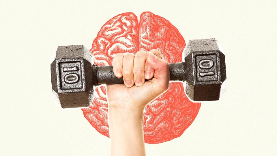 a woman's hand holding a 10lb dumbbell with an illustration of a brain in the background
