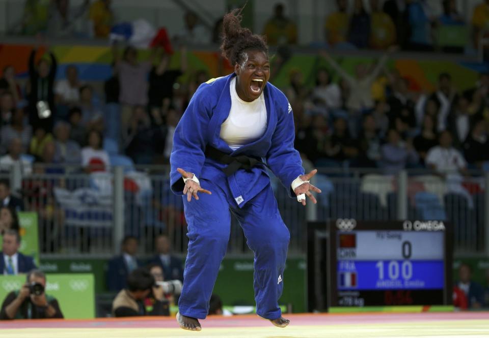 <p>Emilie Andeol (FRA) of France celebrates. (Reuters) </p>