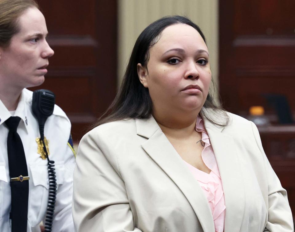 Murder defendant Jackie Mendes of Fall River appears in Brockton Superior Court during her jury trial on Monday, Dec. 4, 2023. Mendes is charged with fatally stabbing Jennifer Landry of Brockton during an alleged road rage incident in Brockton on June 28, 2019.