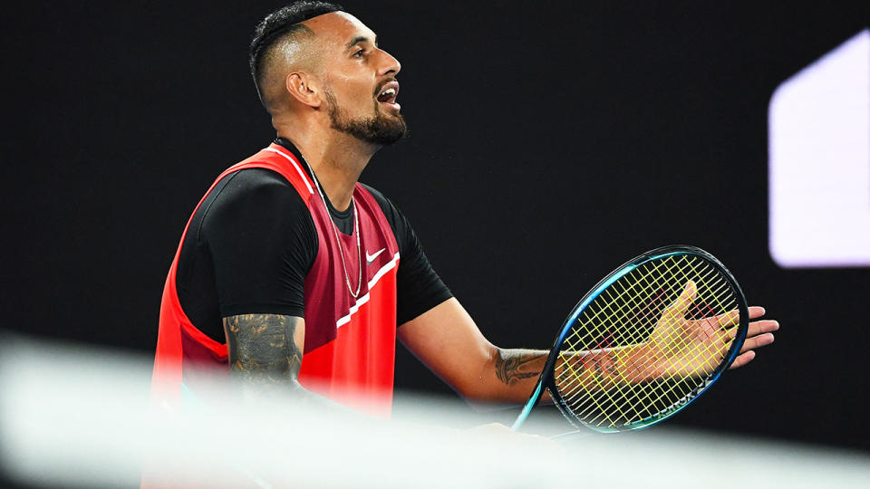 Nick Kyrgios, pictured here in a running battle with the chair umpire during his clash with Daniil Medvedev at the Australian Open.