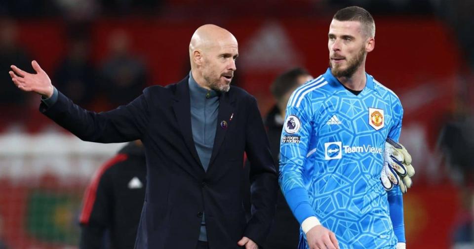 Erik ten Hag manager of Manchester United walks off with David De Gea of Manchester United during the Premier League match at Old Trafford Credit: Alamy