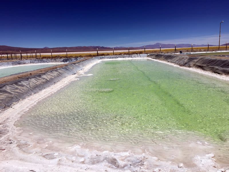 FILE PHOTO: A brine pool used to extract lithium is seen at a salt flat of Cauchari Olaroz near Susques