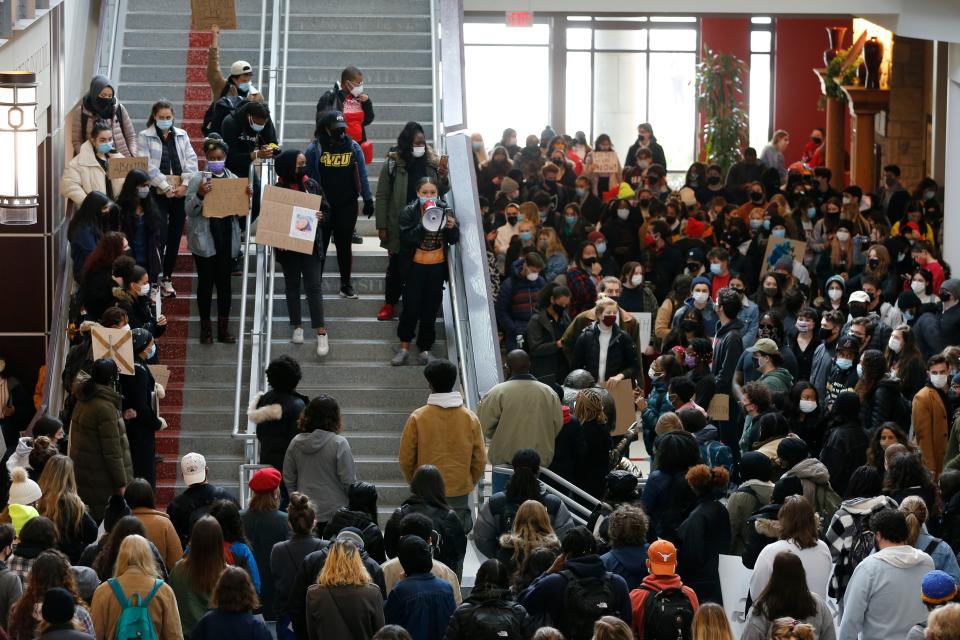 <p>Students gather at the Ohio Union on the campus of Ohio State University to protest yesterday’s shooting of Ma’Khia Bryant by Columbus Police Wednesday, April 21, 2021, in Columbus, Ohio</p> (AP Photo/Jay LaPrete)