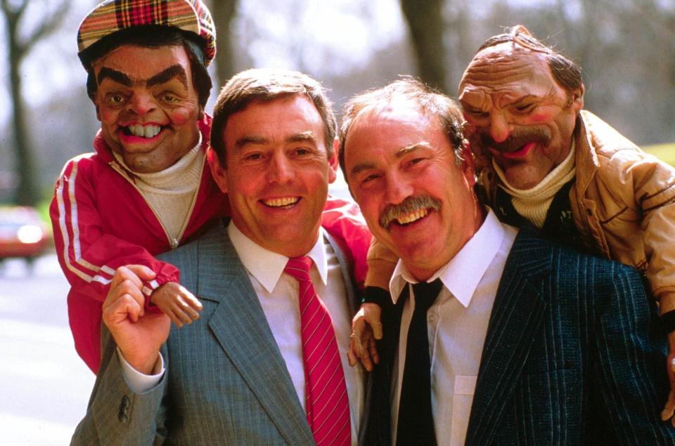 Saint and Greavsie with their Spitting Image puppets - Today/Shutterstock