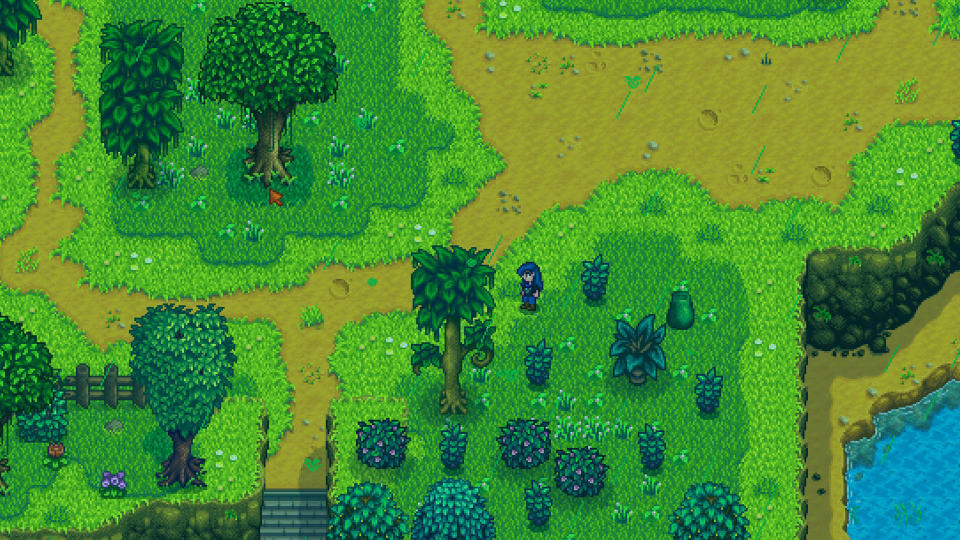  Stardew Valley green rain - the player is standing in a field near som moss-infested trees during green rain. 