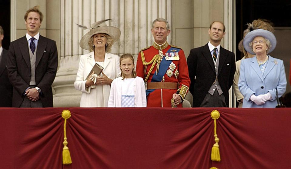 The Honourable Ella Mountbatten (centre) joins the Duchess of Cornwall (second left) and other members of the Royal Family on the balcony at Buckingham Palace, 2005 (PA)