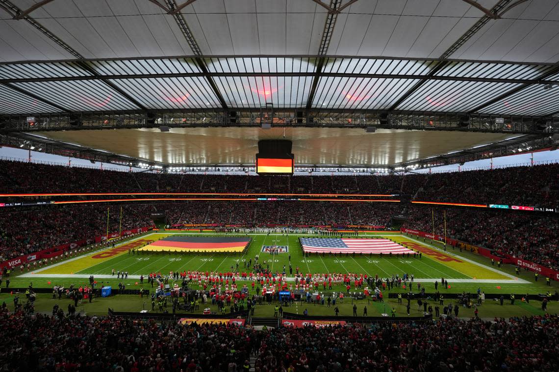 Nov 5, 2023; Frankfurt, Germany; A general overall view of an Deutsche Bank Park with United States and German flags during playing of the national anthem before an NFL International Series game between the Kansas City Chiefs and the Miami Dolphins. Mandatory Credit: Kirby Lee-USA TODAY Sports