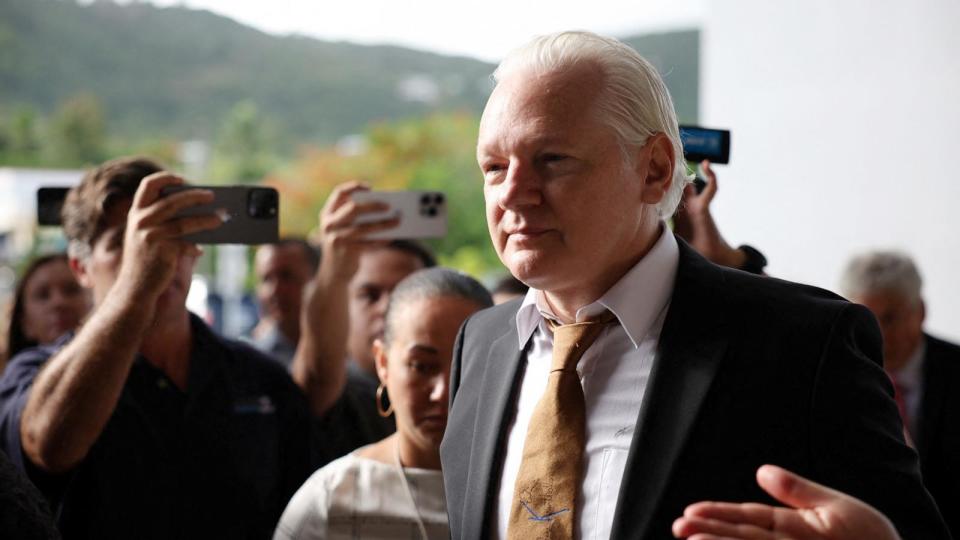 PHOTO: WikiLeaks founder Julian Assange arrives at a United States District Court in Saipan, Northern Mariana Islands, U.S., June 26, 2024.  (Kim Hong-Ji/Reuters)