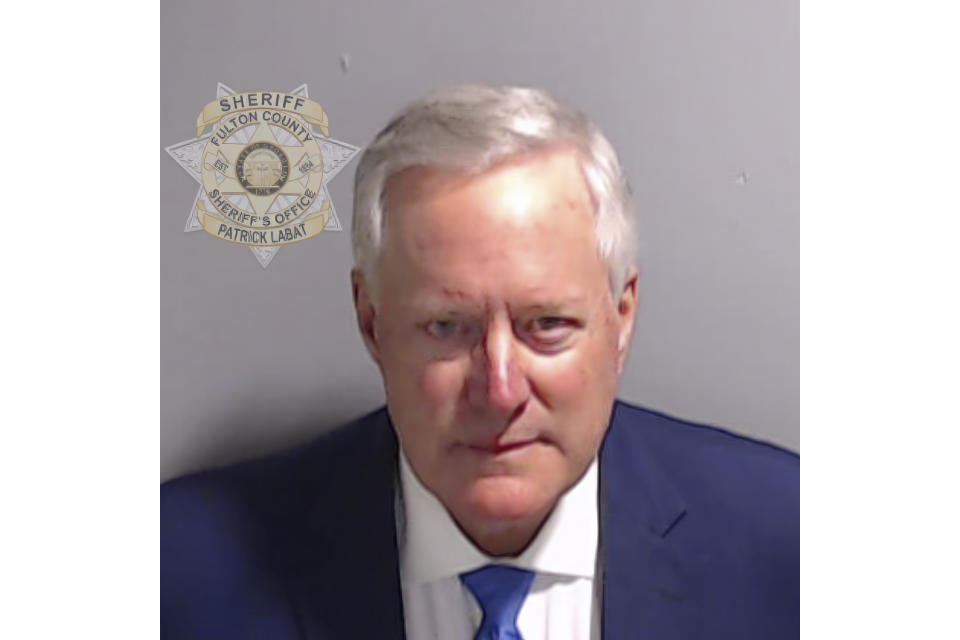 This booking photo provided by the Fulton County Sheriff's Office shows Mark Meadows on Thursday, Aug. 24, 2023, in Atlanta, after he surrendered and was booked. Meadows is charged alongside former President Donald Trump and 17 others, who are accused by Fulton County District Attorney Fani Willis of scheming to subvert the will of Georgia voters to keep the Republican president in the White House after he lost to Democrat Joe Biden. (Fulton County Sheriff's Office via AP)