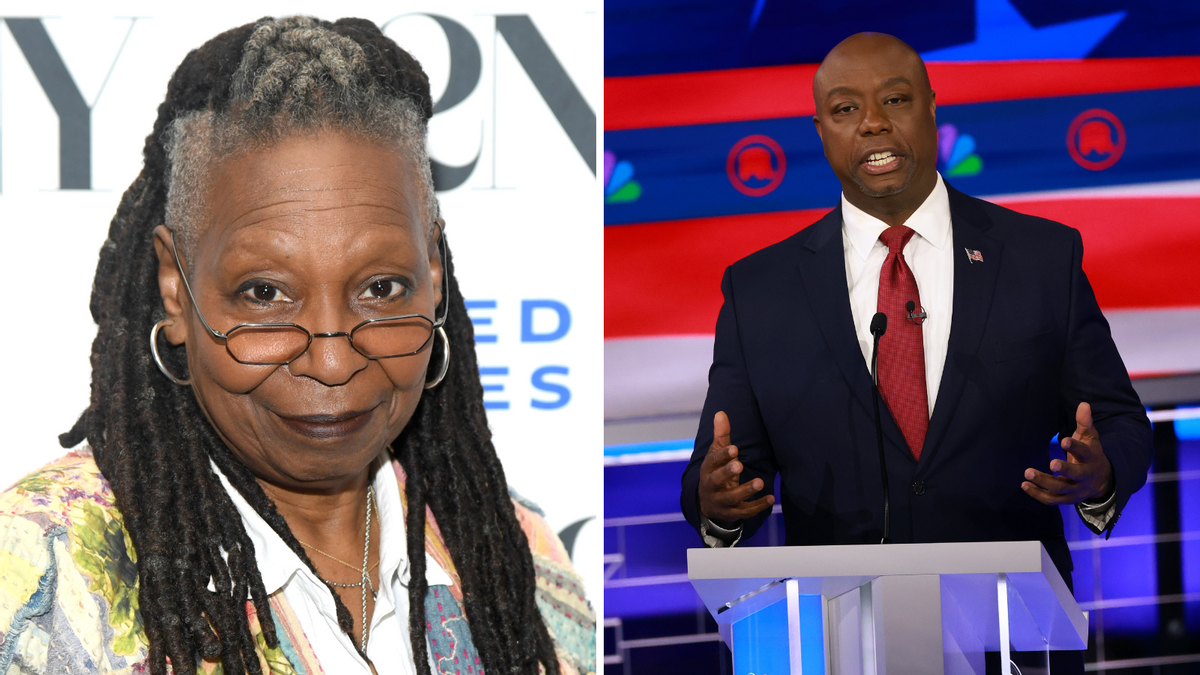 Two images show a Black woman and man from left to right. The woman is smiling, while the man stands behind a podium with his hands palm up. 