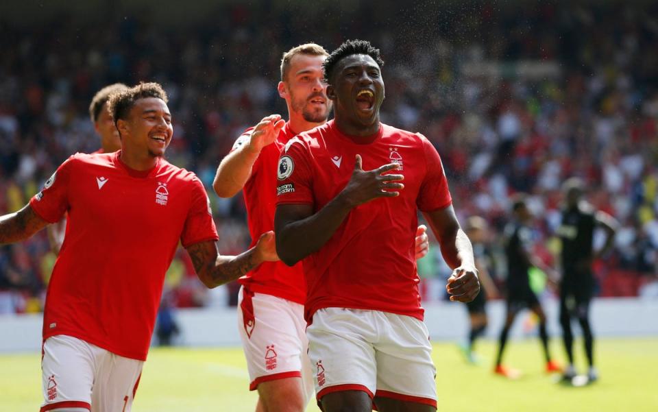 Nottingham Forest's Taiwo Awoniyi celebrates scoring their first top-flight goal for 23 years  (Reuters)