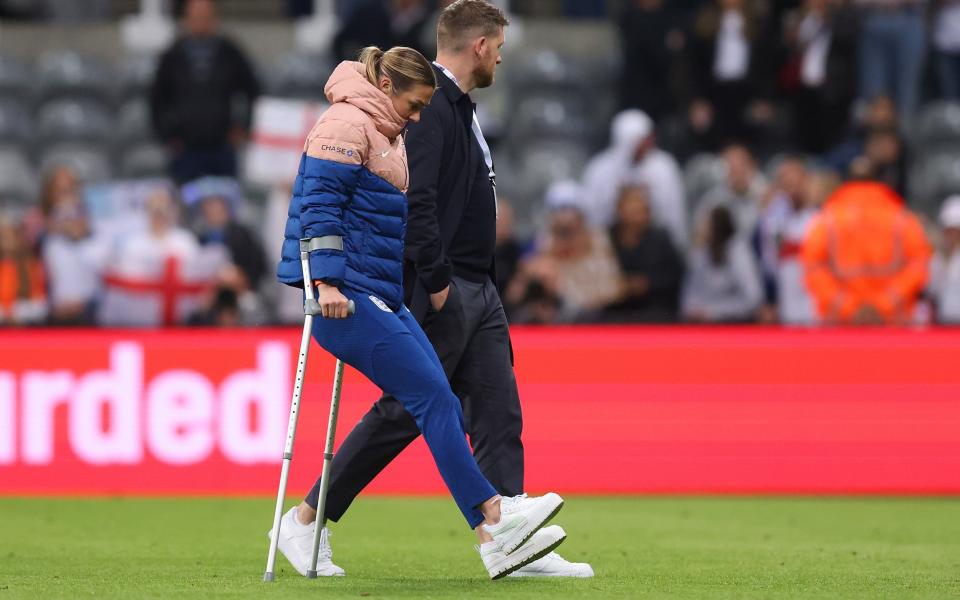 Mary Earps on crutches after England's defeat to France