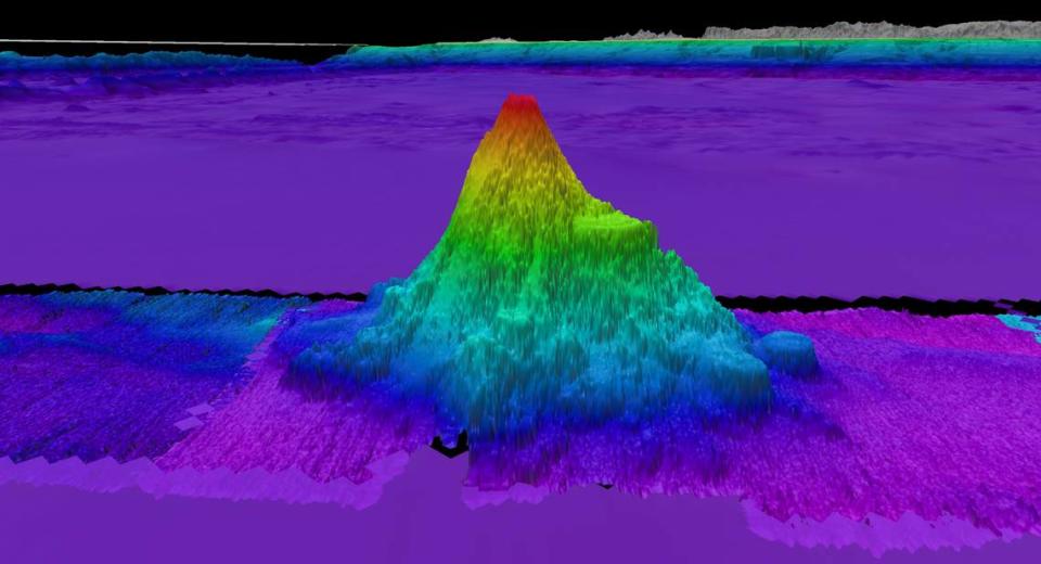 The second of four seamounts recently discovered by the team on Schmidt Ocean Institutes R/V Falkor (too) while traveling from Costa Rica to Chile stands nearly 5,300 feet high. Schmidt Ocean Institute image