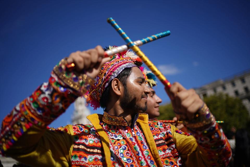 9 October 2022: A drummer plays during the Diwali on the Square celebration, in Trafalgar Square, London (PA)