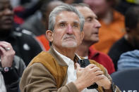 FILE - Washington Wizards owner Ted Leonsis watches the second half of an NBA basketball game between the Wizards and the Philadelphia 76ers, Monday, Oct. 31, 2022, in Washington. Virginia Gov. Glenn Youngkin says he has reached a tentative agreement, Wednesday, Dec. 13, 2023, with the parent company of the NBA’s Washington Wizards and NHL’s Washington Capitals to move those teams out of D.C. to northern Virginia.(AP Photo/Patrick Semansky, File)