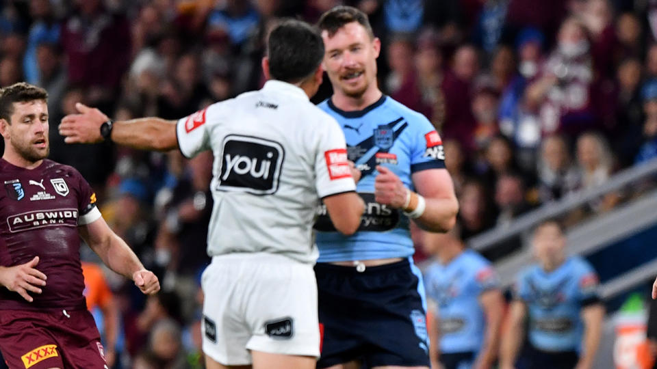 Damien Cook, pictured here speaking to Gerard Sutton during State of Origin III.