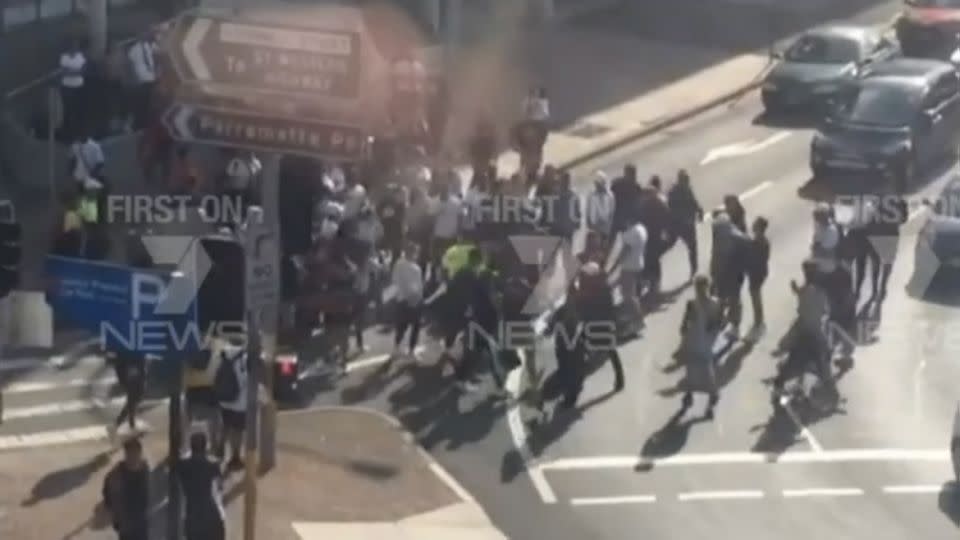 The huge brawl at Parramatta involved over 50 people, police said. Photo: 7News