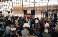 More than 200 members of the media listen during a news conference with Michael Jordan after a brief basketball workout in Chicago, Monday, Feb. 7, 1994. Jordan agreed to a minor league contract with the Nashville Sounds, the Chicago White Sox Class AAA affiliate. The White Sox have invited Jordan to attend spring training as a non-roster invitee. (AP Photo/John Swart)