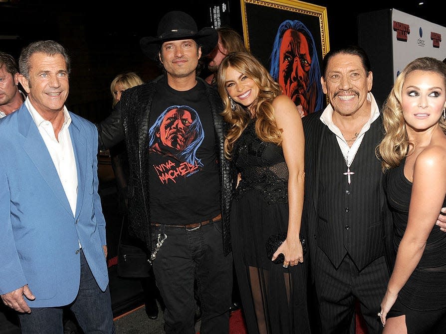 (L-R) Actor Mel Gibson, filmmaker Robert Rodriguez, Sofia Vergara, Danny Trejo and Alexa Vega arrive at the premiere of Open Road Films' "Machete Kills" at Regal Cinemas L.A. Live on October 2, 2013 in Los Angeles, California.