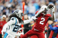 Arizona Cardinals wide receiver Marquise Brown catches a pass ahead of Carolina Carolina Panthers cornerback Keith Taylor Jr. during the first half of an NFL football game on Sunday, Oct. 2, 2022, in Charlotte, N.C. (AP Photo/Rusty Jones)