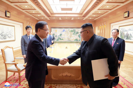 A South Korean envoy shakes hands with North Korean leader Kim Jong Un during their meeting in Pyongyang, North Korea, in this undated photo released on September 6, 2018 by North Korea's Korean Central News Agency (KCNA). KCNA/via REUTERS
