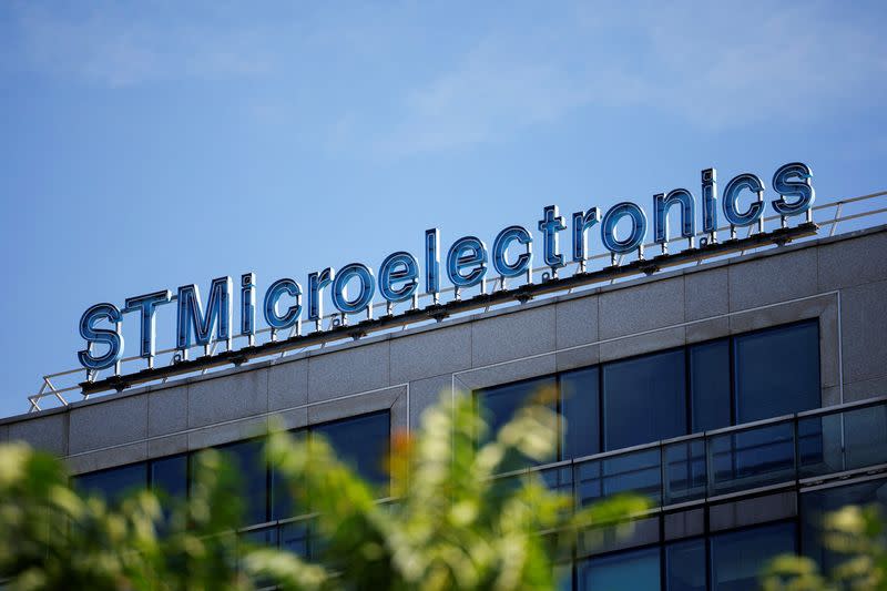 The logo of STMIcroelectronics is seen outside a company building in Montrouge