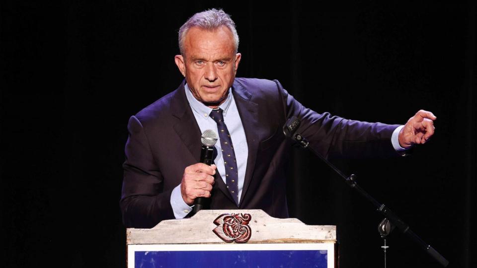 PHOTO: Democratic presidential candidate Robert F. Kennedy Jr. speaks at a Hispanic Heritage Month event at Wilshire Ebell Theater, on Sept. 15, 2023, in Los Angeles. (Mario Tama/Getty Images)