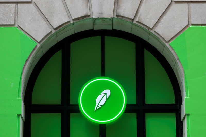 The logo of Robinhood Markets, Inc. is seen at a pop-up event on Wall Street after the company's IPO in New York City