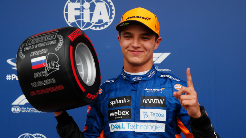 Formula 1 racer Lando Norris after qualifying in pole position at the 2021 Russian Grand Prix.