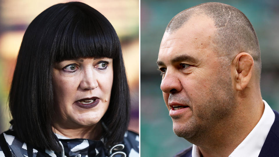 Rugby Australia boss Raelene Castle, left, reportedly apologised for the behaviour of now sacked coach Michael Cheika, right.