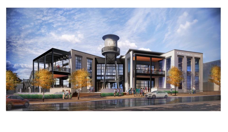 Renderings of Pins Mechanical, an upcoming entertainment development that will occupy space within Greenville County Square