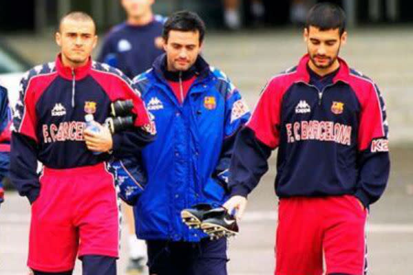 Otras épocas de Barcelona: Luis Enrique y Guardiola, jugadores; y Mourinho, ayudante técnico