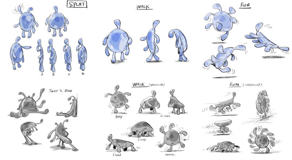 assorted sketches of splat, a blob-like blue creature with several "limbs," standing up, rolling around, scuttling across the ground, and generally moving in different, weird ways