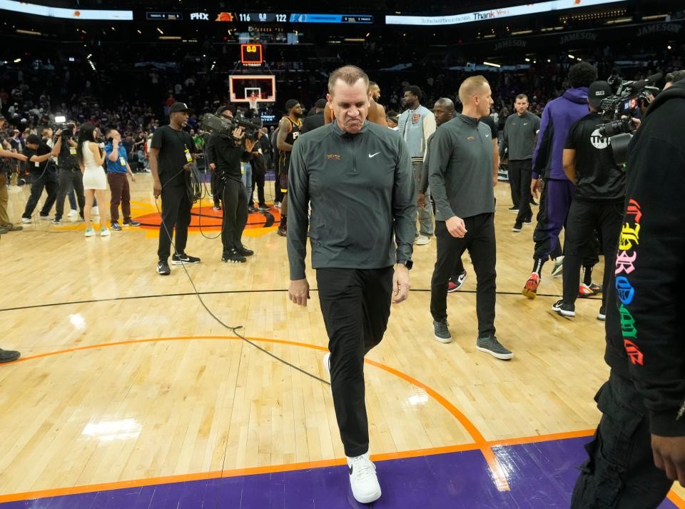 Phoenix Suns head coach Frank Vogel walks off the court after losing to the Minnesota Timberwolves 122-116 in game 4 of the Western Conference first round series at Footprint Center on Sunday, April 28, 2024.