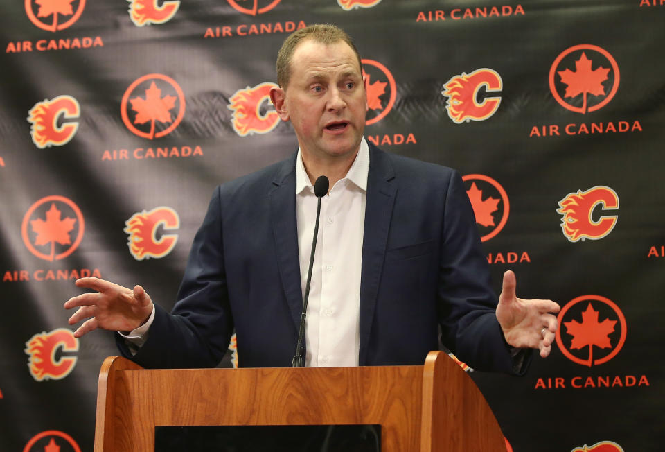 CALGARY, CANADA - FEBRUARY 27: General manager Brad Treliving of the Calgary Flames address the media before the trade deadline prior to the team's NHL game against the Ottawa Senators at the Scotiabank Saddledome on February 27, 2016 in Calgary, Alberta, Canada. (Photo by Tom Szczerbowski/Getty Images)